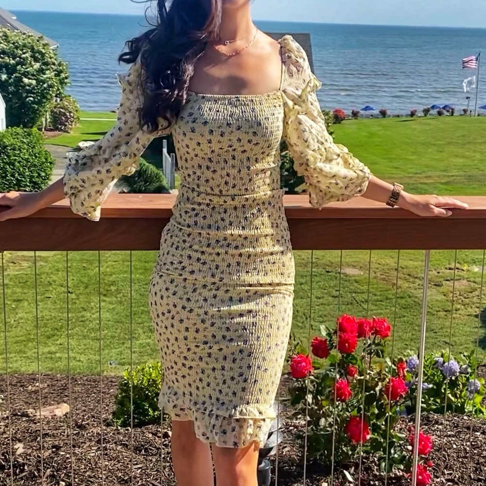 Petal and Pup- Bonita Shirred Frill Long Sleeve Bodycon Midi (Yellow Floral)